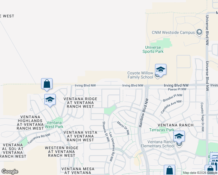map of restaurants, bars, coffee shops, grocery stores, and more near 7528 Prickly Brush Street Northwest in Albuquerque