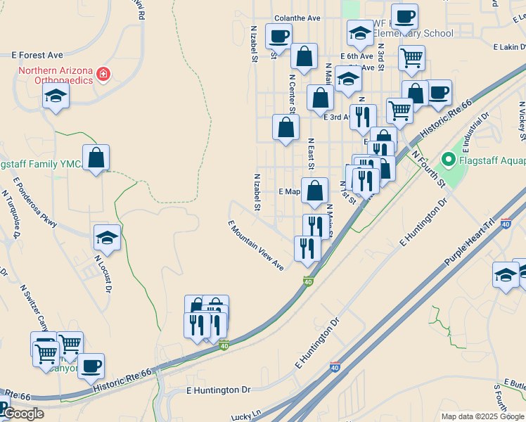 map of restaurants, bars, coffee shops, grocery stores, and more near 1622 North Izabel Street in Flagstaff