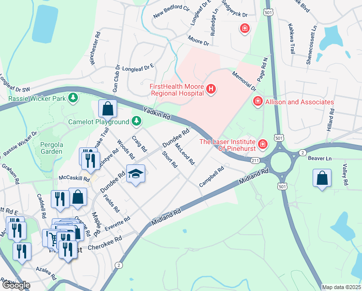 map of restaurants, bars, coffee shops, grocery stores, and more near 5 McFarland Road in Pinehurst