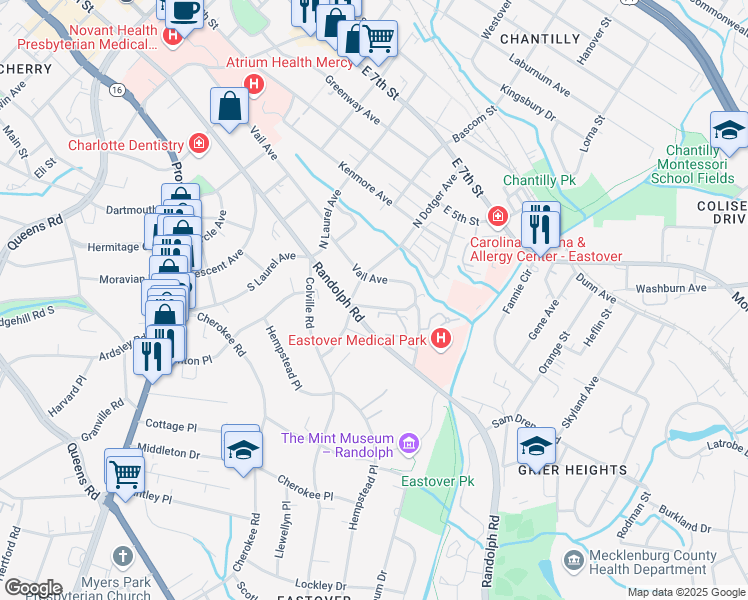 map of restaurants, bars, coffee shops, grocery stores, and more near 2520 Vail Avenue in Charlotte
