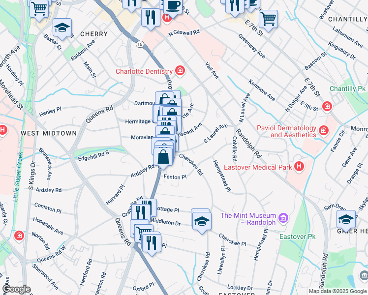 map of restaurants, bars, coffee shops, grocery stores, and more near 510 Willoughby Street in Charlotte