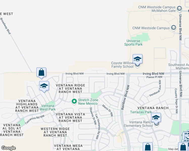 map of restaurants, bars, coffee shops, grocery stores, and more near 7501 Snowy Egret Place Northwest in Albuquerque
