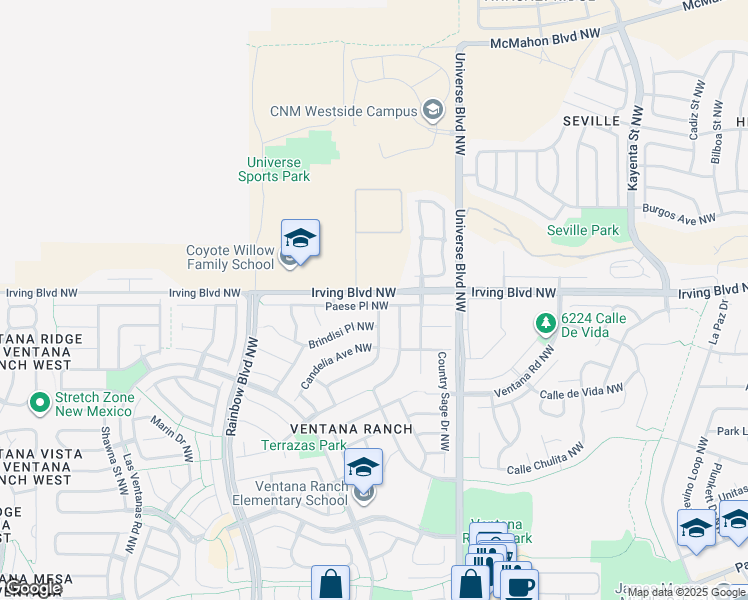 map of restaurants, bars, coffee shops, grocery stores, and more near 6801 Paese Place Northwest in Albuquerque
