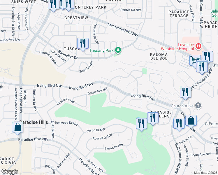 map of restaurants, bars, coffee shops, grocery stores, and more near 5100 Willow Creek Place Northwest in Albuquerque