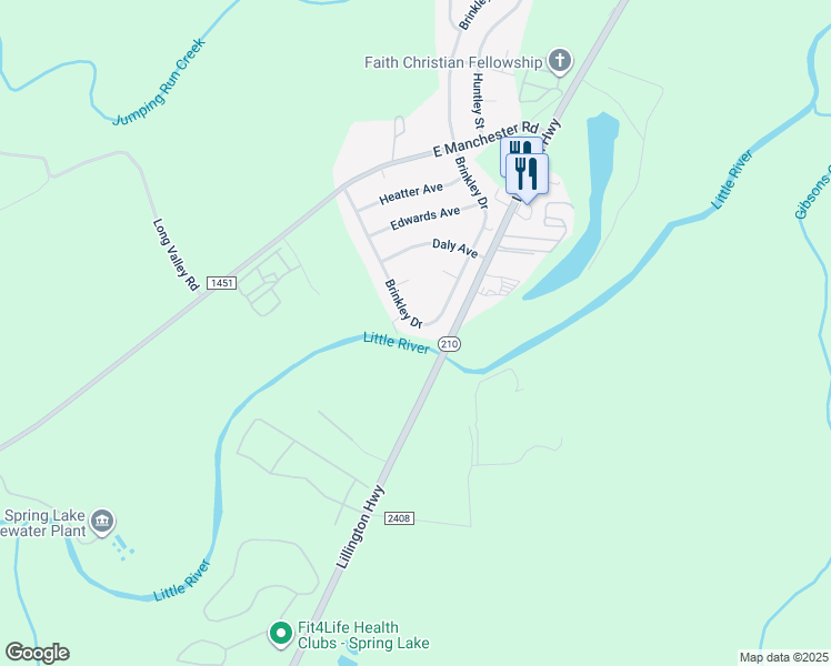 map of restaurants, bars, coffee shops, grocery stores, and more near 2416 Brinkley Drive in Spring Lake