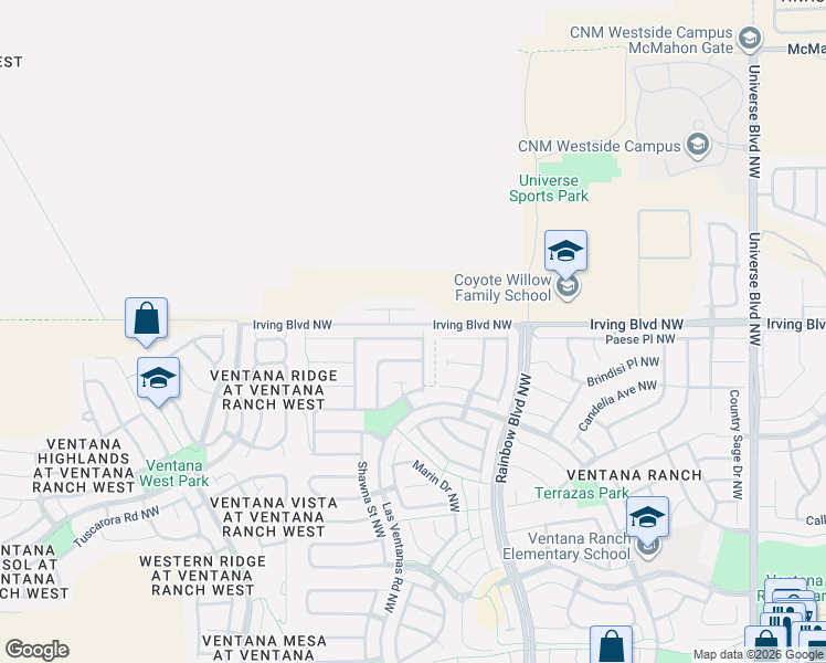map of restaurants, bars, coffee shops, grocery stores, and more near 7528 Prickly Brush Street Northwest in Albuquerque
