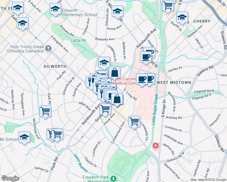 map of restaurants, bars, coffee shops, grocery stores, and more near in Charlotte