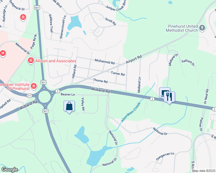 map of restaurants, bars, coffee shops, grocery stores, and more near 96 Hampton Place in Pinehurst