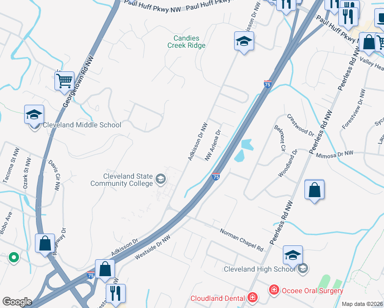 map of restaurants, bars, coffee shops, grocery stores, and more near Adkisson Drive in Cleveland