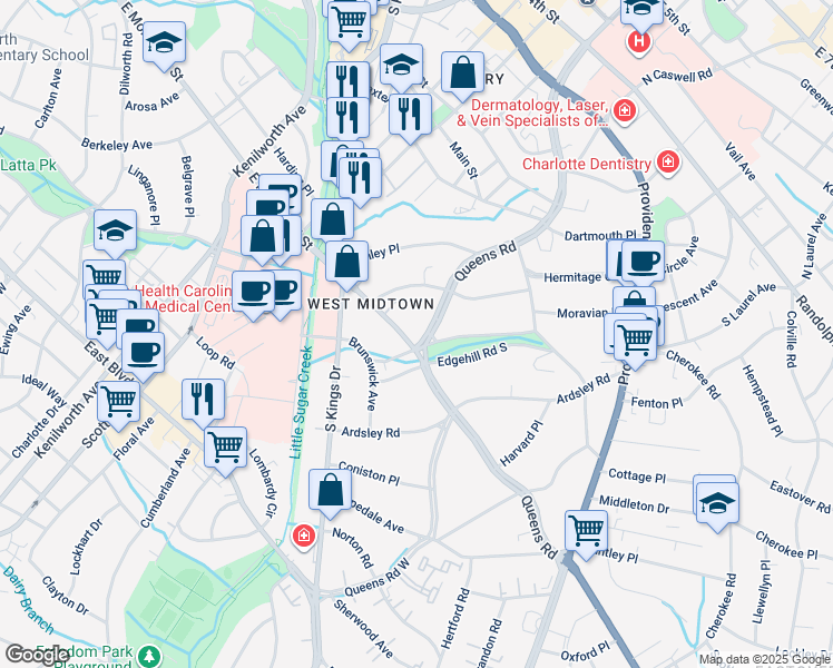 map of restaurants, bars, coffee shops, grocery stores, and more near 974 Queens Road in Charlotte