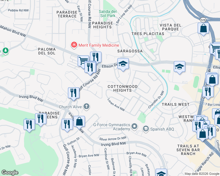 map of restaurants, bars, coffee shops, grocery stores, and more near 4531 Barrett Avenue Northwest in Albuquerque