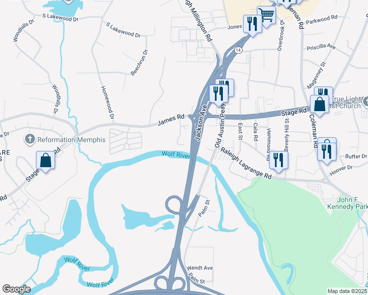 map of restaurants, bars, coffee shops, grocery stores, and more near 2840 Coach Drive in Memphis