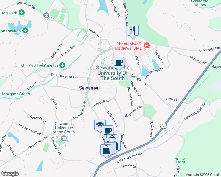 map of restaurants, bars, coffee shops, grocery stores, and more near 131 Alabama Avenue in Sewanee