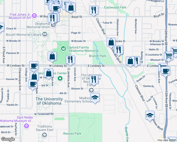 map of restaurants, bars, coffee shops, grocery stores, and more near 1309 McKinley Avenue in Norman