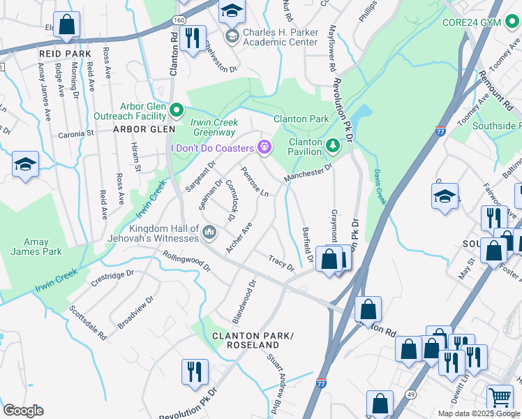 map of restaurants, bars, coffee shops, grocery stores, and more near 3423 Archer Avenue in Charlotte