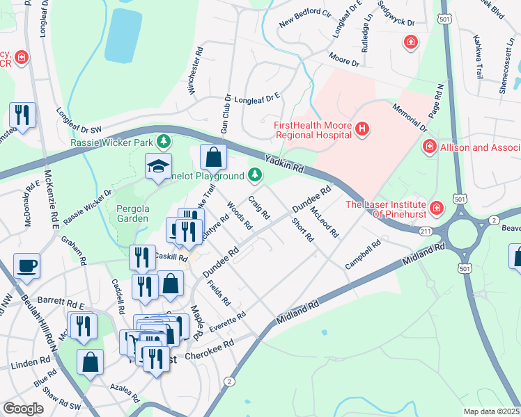 map of restaurants, bars, coffee shops, grocery stores, and more near Craig Road in Pinehurst
