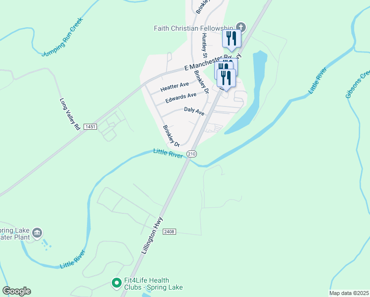 map of restaurants, bars, coffee shops, grocery stores, and more near 2506 Brinkley Drive in Spring Lake