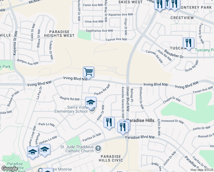 map of restaurants, bars, coffee shops, grocery stores, and more near 5708 Irving Boulevard Northwest in Albuquerque