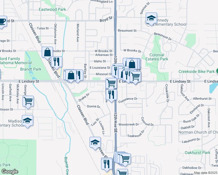 map of restaurants, bars, coffee shops, grocery stores, and more near 2100 Houston Avenue in Norman
