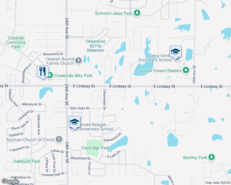 map of restaurants, bars, coffee shops, grocery stores, and more near 2862 East Lindsey Street in Norman