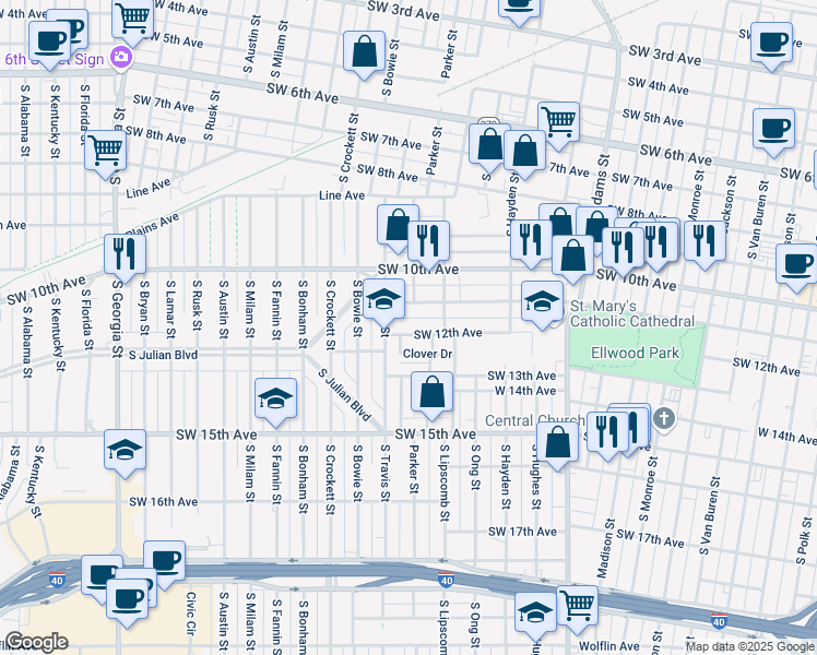 map of restaurants, bars, coffee shops, grocery stores, and more near 1414 Southwest 12th Avenue in Amarillo