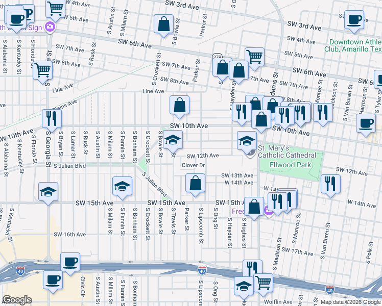 map of restaurants, bars, coffee shops, grocery stores, and more near 1411 Southwest 11th Avenue in Amarillo