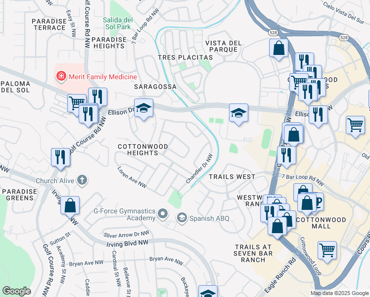 map of restaurants, bars, coffee shops, grocery stores, and more near 4205 Caprock Road Northwest in Albuquerque
