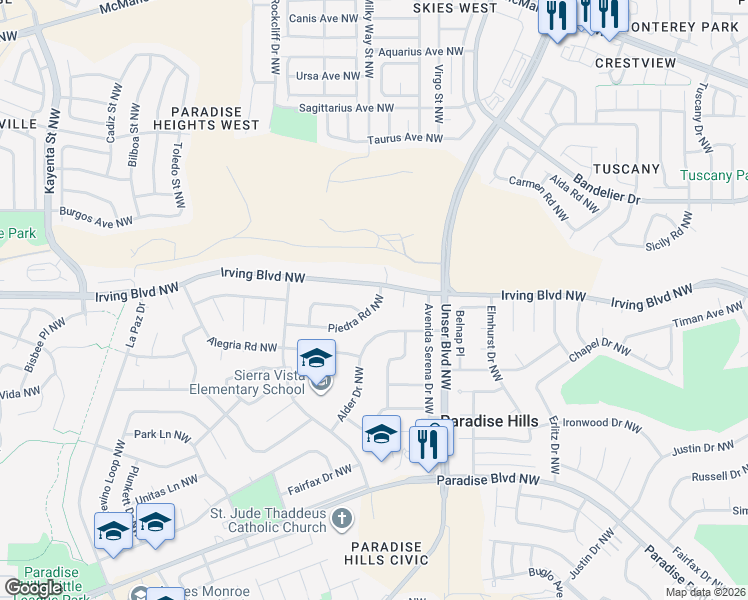 map of restaurants, bars, coffee shops, grocery stores, and more near 5708 Irving Boulevard Northwest in Albuquerque