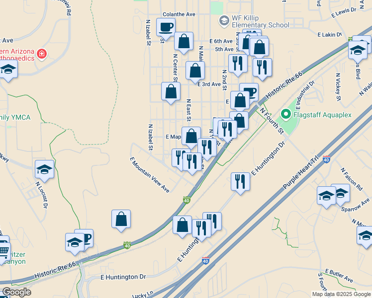 map of restaurants, bars, coffee shops, grocery stores, and more near 1620 North Center Street in Flagstaff