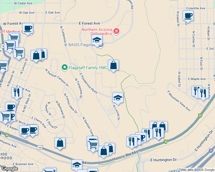 map of restaurants, bars, coffee shops, grocery stores, and more near 1040 East Apple Way in Flagstaff