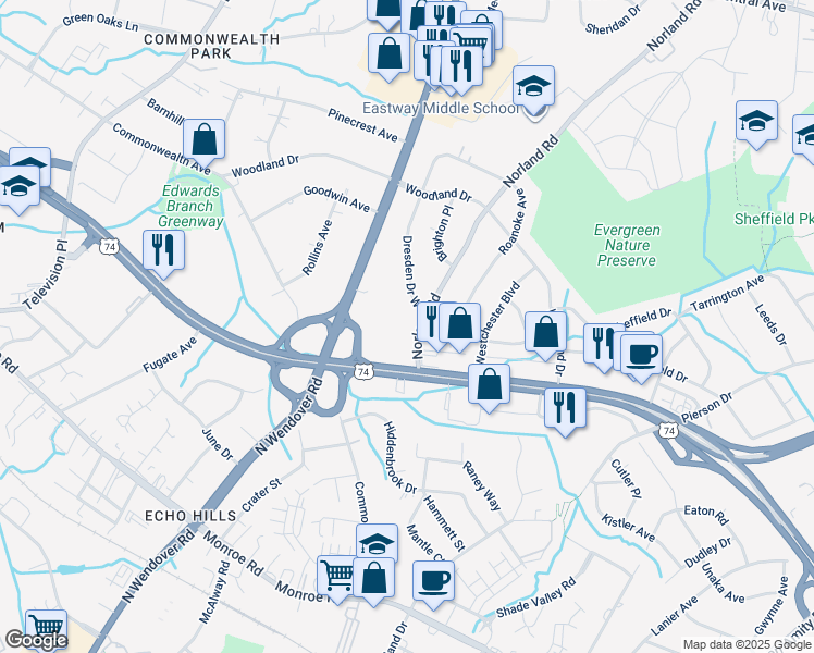 map of restaurants, bars, coffee shops, grocery stores, and more near 949 Norland Road in Charlotte