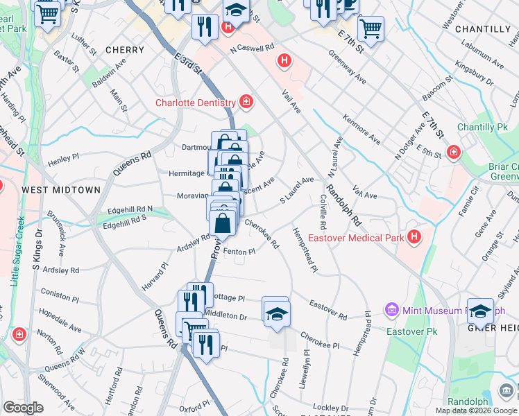 map of restaurants, bars, coffee shops, grocery stores, and more near 510 Willoughby Street in Charlotte