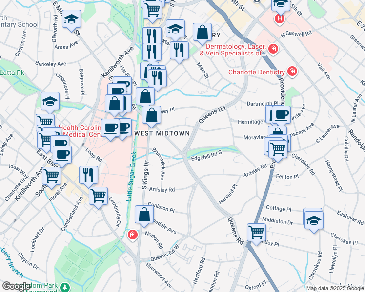 map of restaurants, bars, coffee shops, grocery stores, and more near 1623 East Morehead Street in Charlotte
