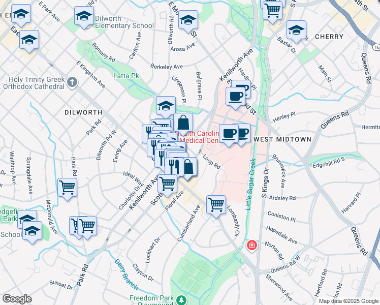 map of restaurants, bars, coffee shops, grocery stores, and more near 1525 Kenilworth Avenue in Charlotte