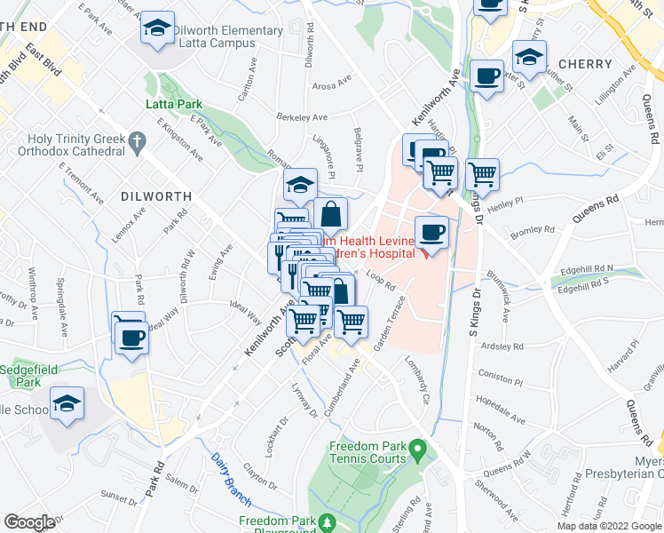 map of restaurants, bars, coffee shops, grocery stores, and more near 1525 Kenilworth Avenue in Charlotte