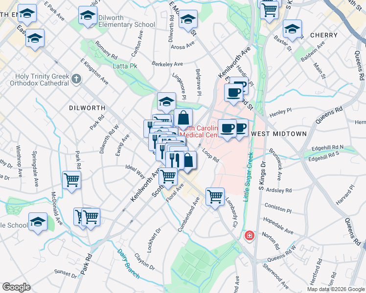 map of restaurants, bars, coffee shops, grocery stores, and more near in Charlotte