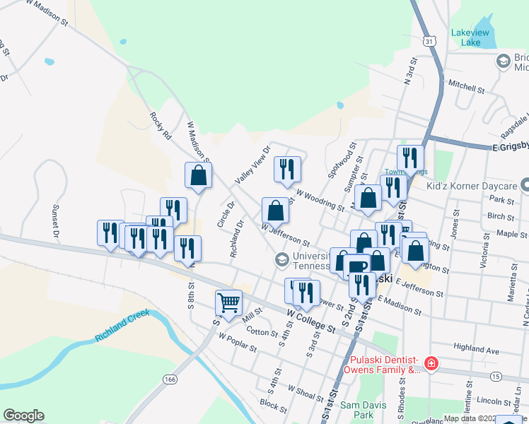 map of restaurants, bars, coffee shops, grocery stores, and more near 117 Edgehill Drive in Pulaski