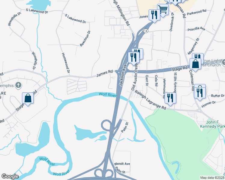 map of restaurants, bars, coffee shops, grocery stores, and more near 2840 Coach Drive in Memphis