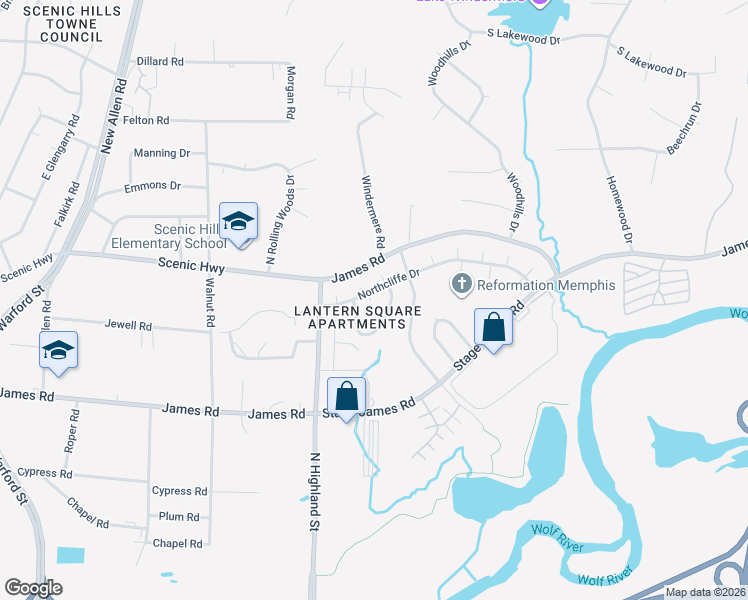map of restaurants, bars, coffee shops, grocery stores, and more near 36592 Northcliffe Drive in Memphis