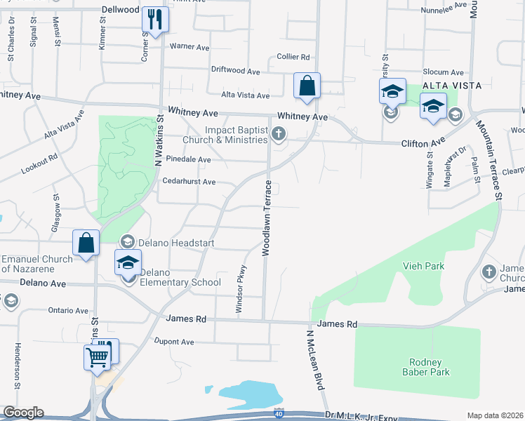 map of restaurants, bars, coffee shops, grocery stores, and more near 2856 Woodlawn Terrace in Memphis