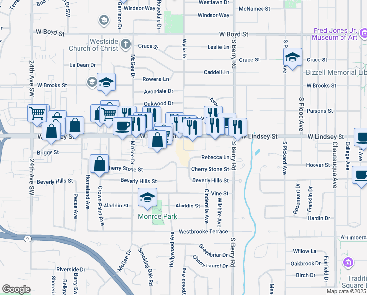 map of restaurants, bars, coffee shops, grocery stores, and more near 1514 West Lindsey Street in Norman