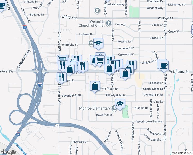 map of restaurants, bars, coffee shops, grocery stores, and more near 1932 West Lindsey Street in Norman