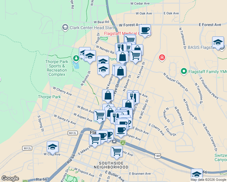 map of restaurants, bars, coffee shops, grocery stores, and more near 503 North Humphreys Street in Flagstaff