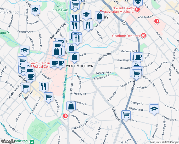 map of restaurants, bars, coffee shops, grocery stores, and more near 1623 East Morehead Street in Charlotte