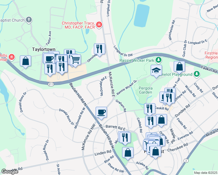 map of restaurants, bars, coffee shops, grocery stores, and more near 155 McKenzie Road East in Pinehurst