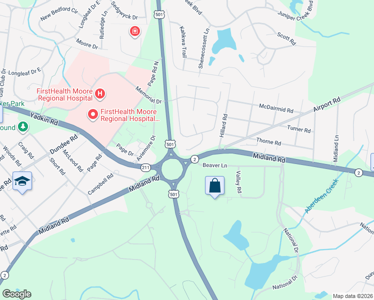 map of restaurants, bars, coffee shops, grocery stores, and more near 230 Robin Lane in Pinehurst