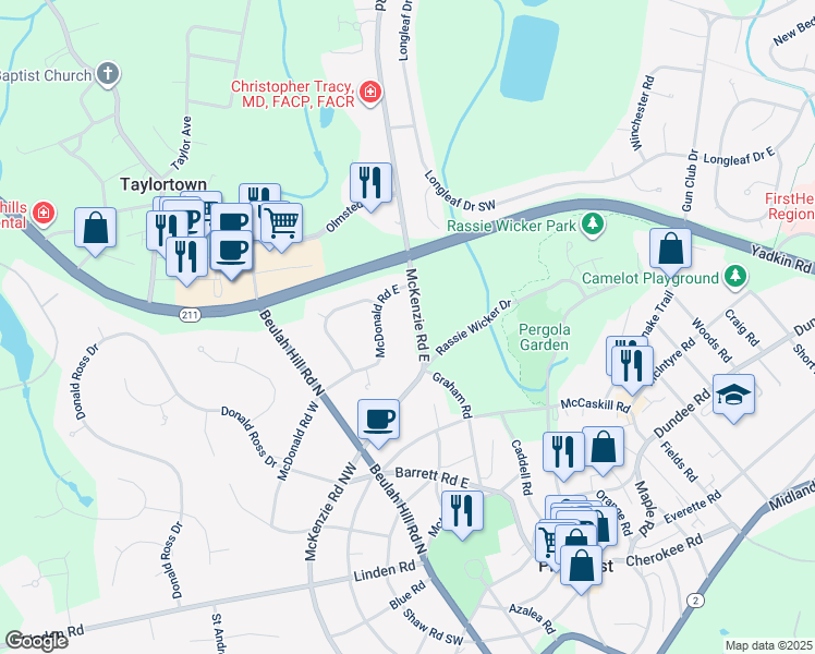 map of restaurants, bars, coffee shops, grocery stores, and more near 155 McKenzie Road East in Pinehurst