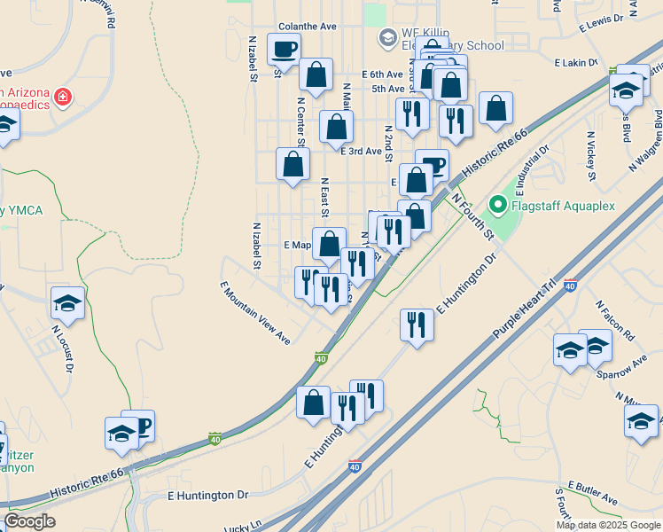 map of restaurants, bars, coffee shops, grocery stores, and more near 1621 North Main Street in Flagstaff