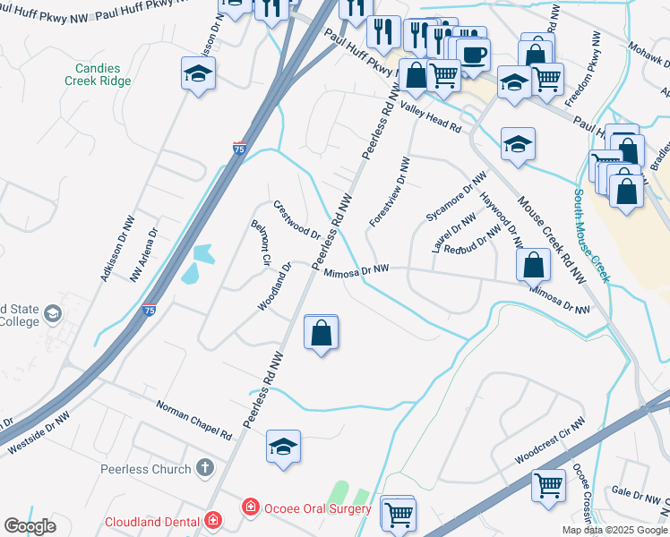 map of restaurants, bars, coffee shops, grocery stores, and more near 1020 Mimosa Drive Northwest in Cleveland
