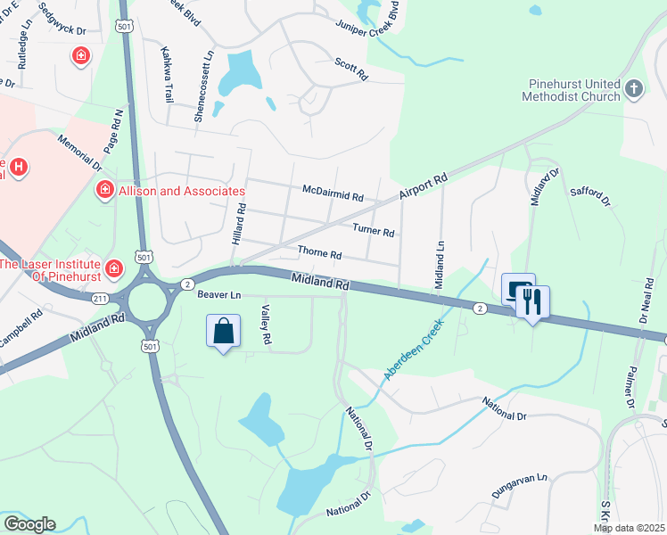 map of restaurants, bars, coffee shops, grocery stores, and more near 101 Hampton Place in Pinehurst